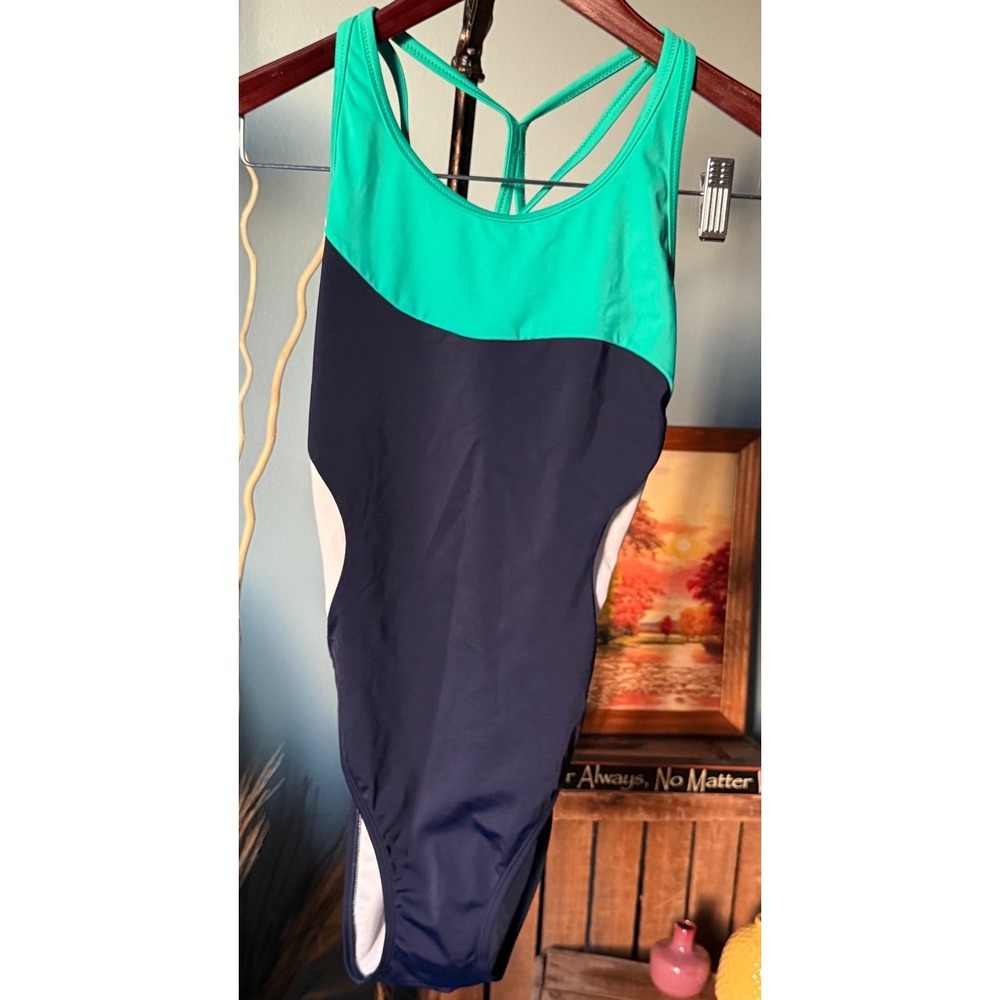 Athleta Freestyle Colorblock One Piece Swimsuit Navy Green White Size 36 - Picture 2 of 12